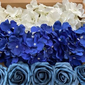 15 count | White Royal & Dusty Blue Hydrangeas Roses Bouquet Wedding Centerpiece